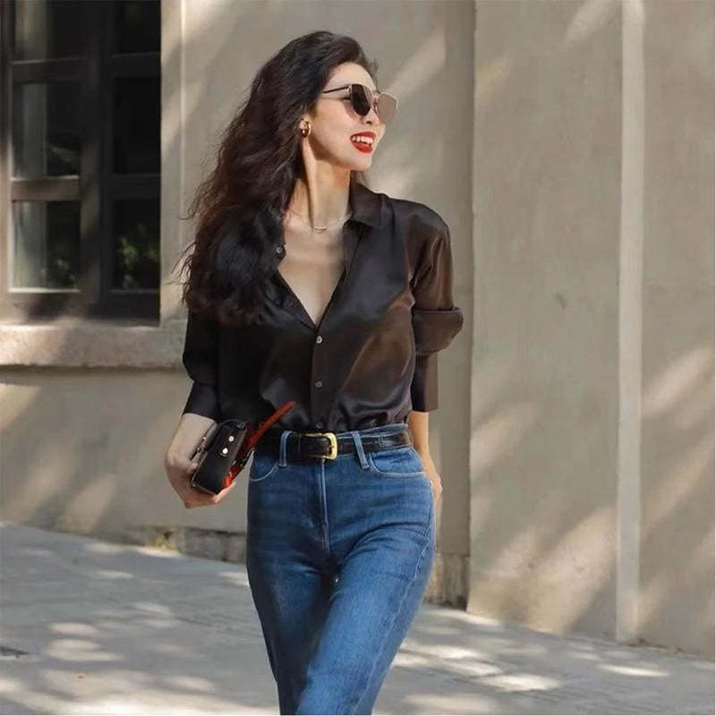 Women's solid color satin long sleeve