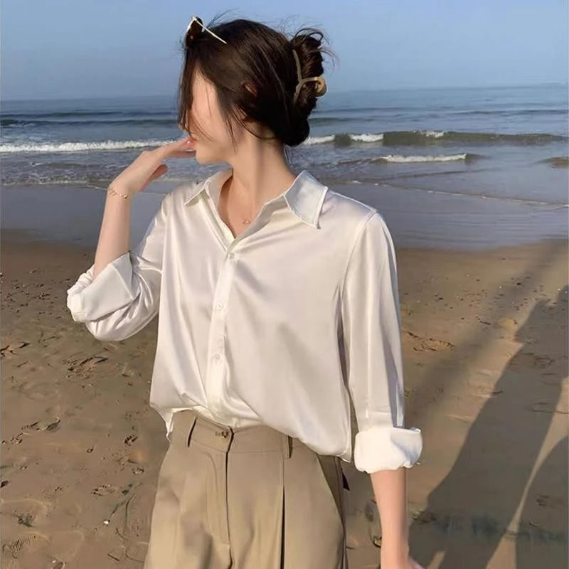 Women's solid color satin long sleeve